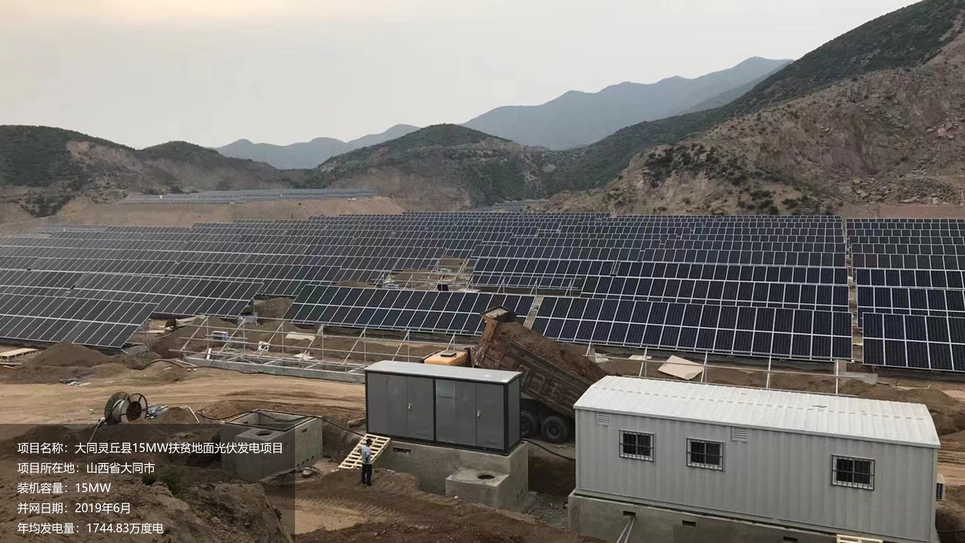 大同灵丘县扶贫地面项目总装机容量15MW，项目位于山西省大同市，于2019年6月并网发电，年均发电量约1750万度。