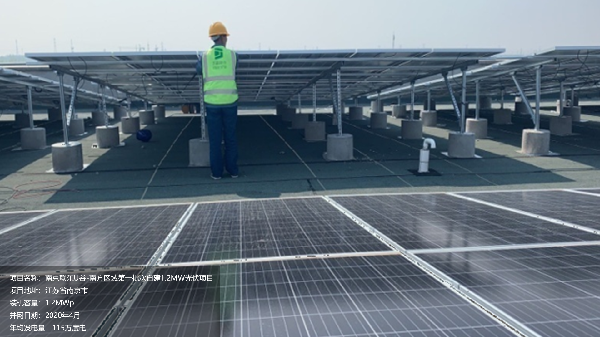南京联东U谷项目总装机容量1.2MW，项目位于江苏省南京市，于2020年4月并网发电，年均发电量约115万度。