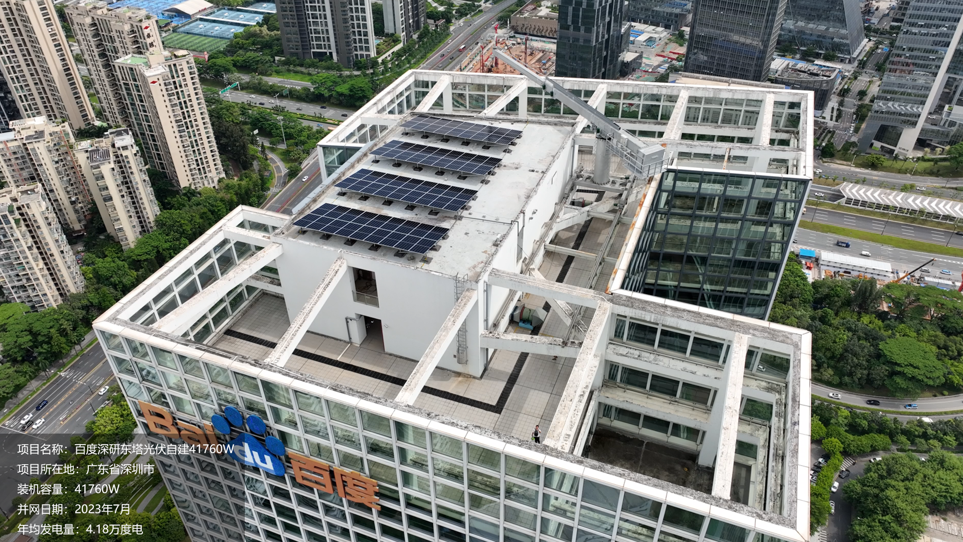 百度大厦项目总装机容量41760W，项目位于广东省深圳市，海报高达181米，于2023年7月并网发电，年均发电量约4.18万度。
