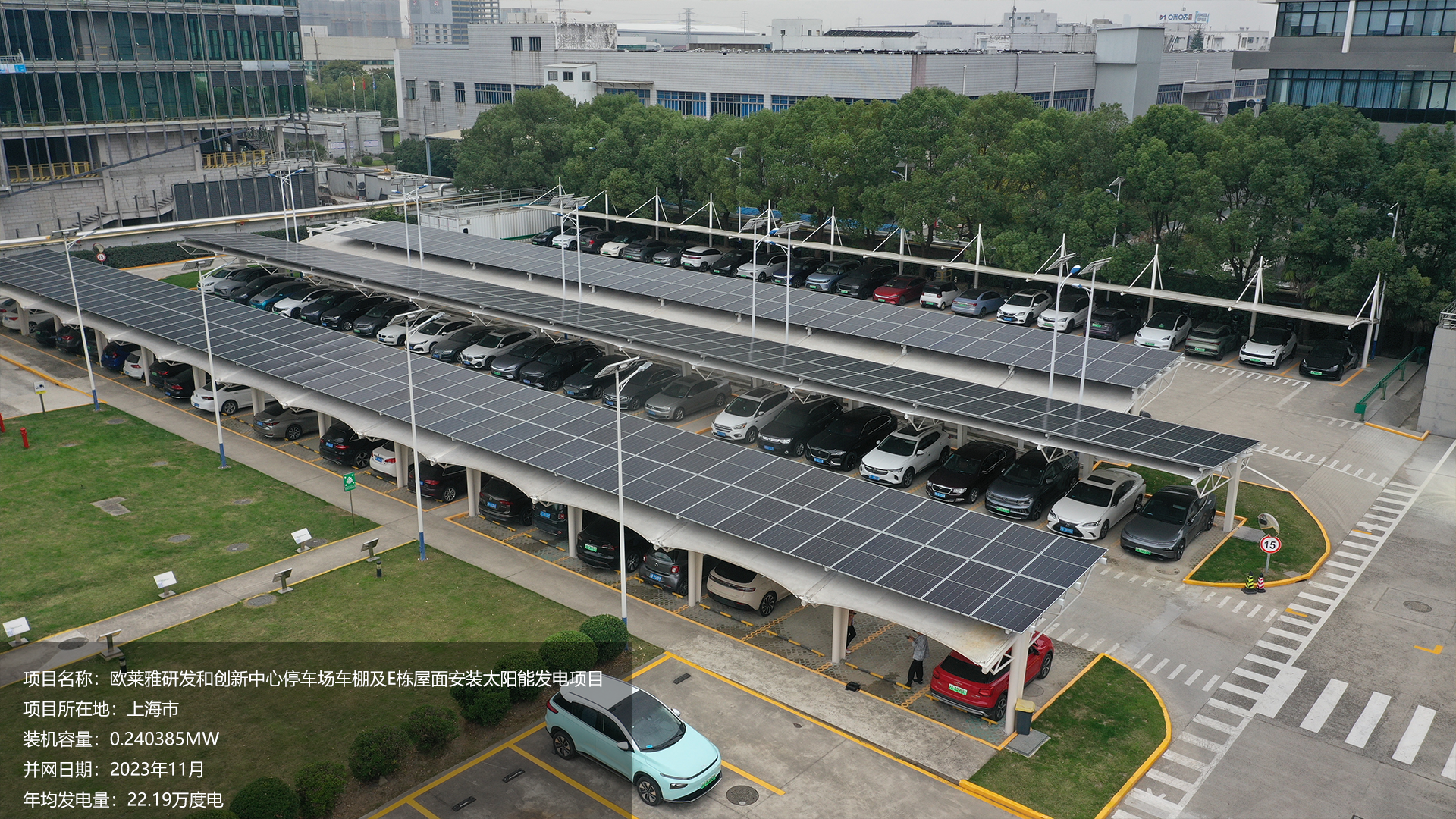 上海欧莱雅项目总装机容量0.240385MW，项目位于上海市，于2023年11月并网发电，年均发电量约22万度。			